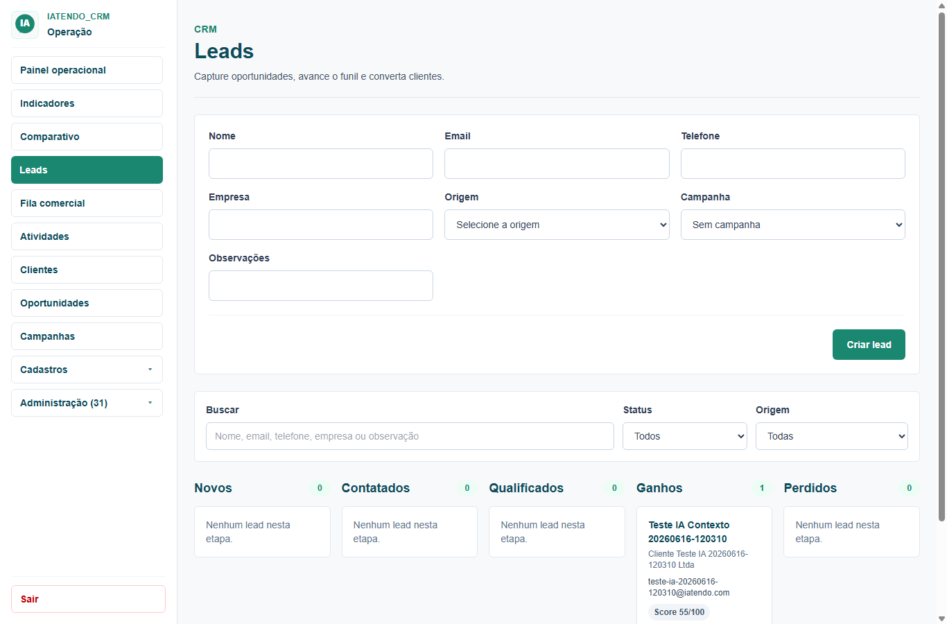 Funil de leads por etapa no IAtendo CRM