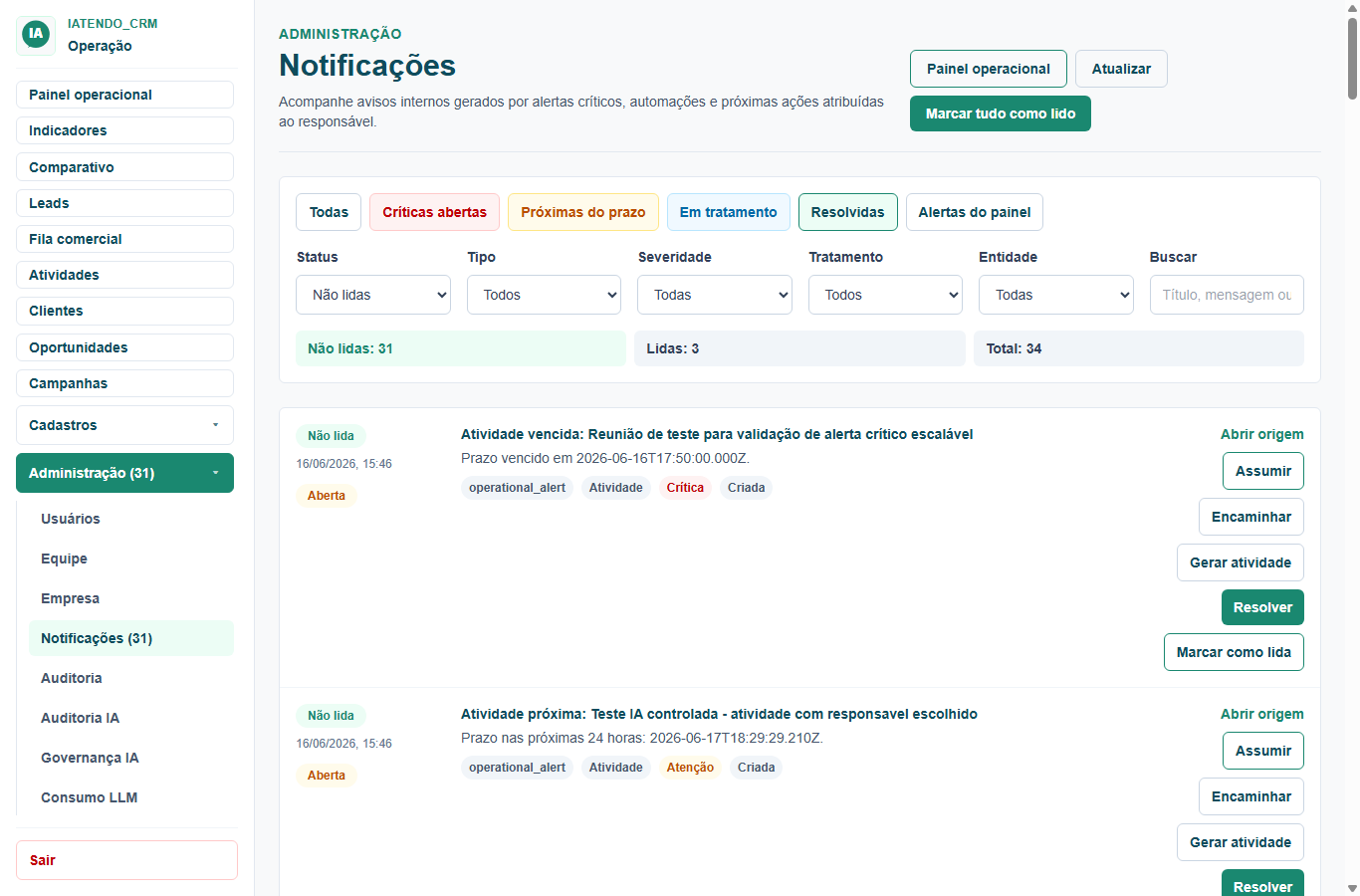 Central de notificações e alertas do IAtendo CRM